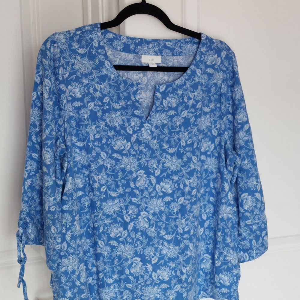 J. Jill Women's Linen Blend Tie Sleeve Top Blue Floral Pattern Size M